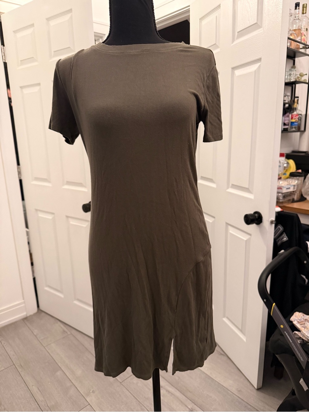 bp Olive Ribbed Short-Sleeve Mini Dress